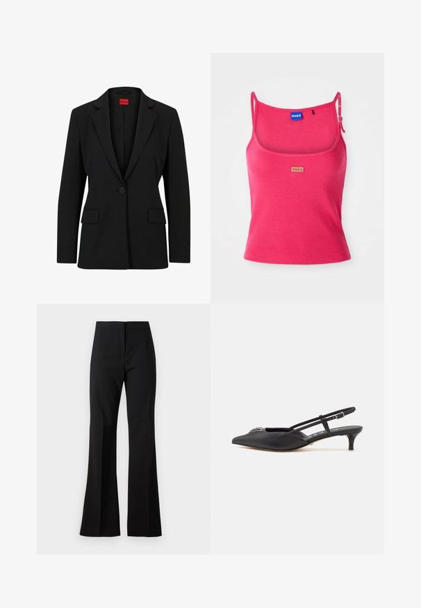 Sort blazer med slag og enkelt knaplukning. Har to forlommer og en glat foring med et subtilt mønster.; Siddende pink tanktop lavet af ribbet stof. Har justerbare stropper og et lille brunt logo-tag foran. Glat tekstur.; Sorte svingbukser lavet af et glat stof, med højtaljet talje, forreste folder og en ren finish ved sømmene.; Sorte slingback-sko med spids tå, lavet af glat materiale, med en lille hæl og en dekorativ sølvaccent på vamps.