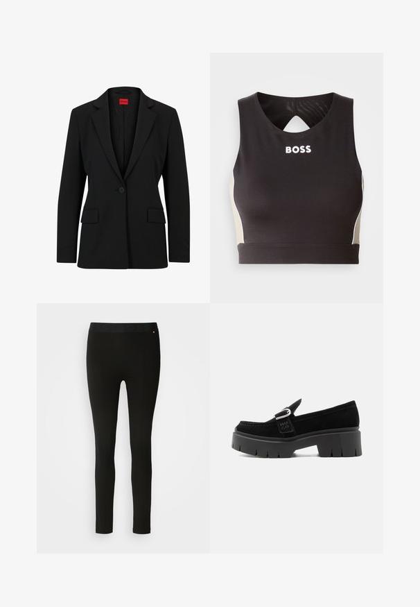 Blazer negro con solapa muesca y cierre de un solo botón. Presenta dos bolsillos frontales y un forro suave con un patrón sutil.; Top deportivo negro de corte crops con un respaldo en forma de ojal, que presenta la inscripción "BOSS" en blanco y acentos beige en los laterales. Fabricado con un tejido elástico y suave.; Leggings negros con una textura suave, que cuentan con una cinturilla flexible y sutiles detalles en las costuras. Sin patrones ni elementos de hardware presentes.; Mocasín de ante negro con suela gruesa de tacos, detalle de hebilla plateada y "HUGO" en relieve en la correa lateral, mostrado desde el lado exterior.