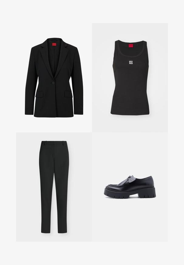 Schwarzer Blazer mit einem Reverskragen und einem einzelnen Knopfverschluss. Verfügt über zwei Vordertaschen und ein glattes Innenfutter mit einem dezenten Muster.; Schwarzes Tanktop aus Baumwolle mit rundem Ausschnitt und ohne Ärmel. Mit weißem "HUGO"-Logo in der Mitte. Einfaches und tailliertes Design.; Schwarze Slim-Fit-Hose mit Gürtelschlaufen, Frontreißverschluss und geraden Beinen, vor weißem Hintergrund präsentiert.; Schwarzer, klobiger Plateau-Slipper mit dicker, profiliertem Sohlenabsatz und dekorativem Anhänger an der Schnürung, im Seitenprofil vor weißem Hintergrund gezeigt.