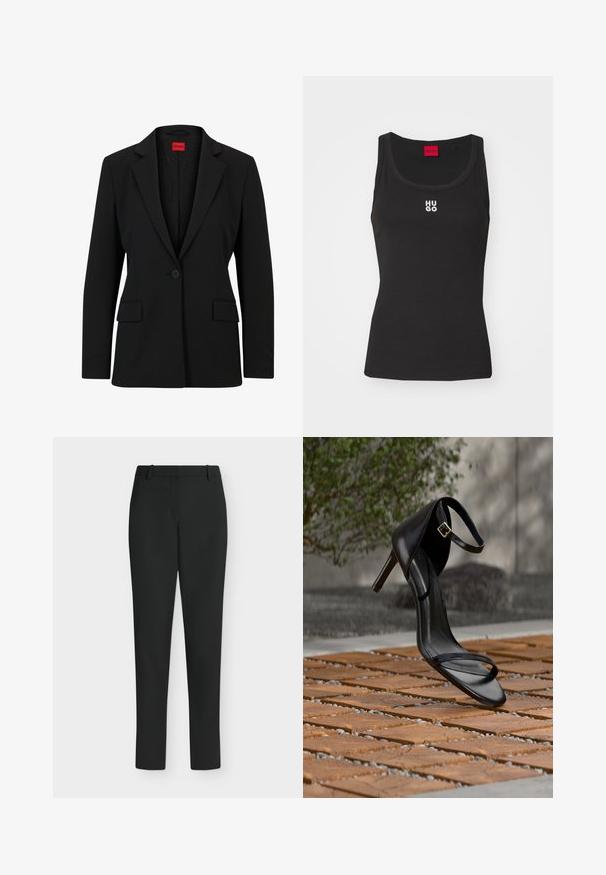 Blazer noir avec un col cranté et une fermeture à un bouton. Dispose de deux poches avant et d'une doublure lisse avec un motif subtile.; Débardeur noir en coton avec un col rond et sans manches. Présente le logo blanc "HUGO" au centre. Design simple et ajusté.; Pantalon noir slim fit avec passants de ceinture, fermeture éclair devant et jambes droites, présenté sur fond blanc.; Sandale noire à talon haut avec sangle à la cheville, suspendue au-dessus d'un sol en carreaux de bois à l'extérieur, avec un arrière-plan flou de verdure et de pierre.