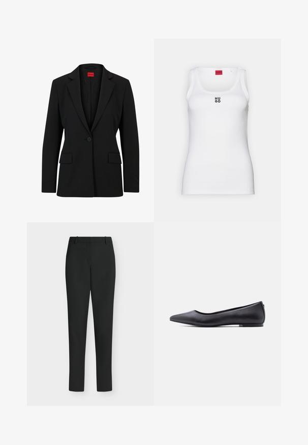 Schwarzer Blazer mit einem Reverskragen und einem einzelnen Knopfverschluss. Verfügt über zwei Vordertaschen und ein glattes Innenfutter mit einem dezenten Muster.; Weißes Tanktop aus Baumwolle, mit einem schlichten Design, runder Ausschnitt und schwarzem "HUGO"-Logo in der Mitte. Glatte Textur.; Schwarze Slim-Fit-Hose mit Gürtelschlaufen, Frontreißverschluss und geraden Beinen, vor weißem Hintergrund präsentiert.; Schwarzer flacher Lederschuh mit spitzer Kappe und niedrigem Absatz, seitlich vor weißem Hintergrund gezeigt.