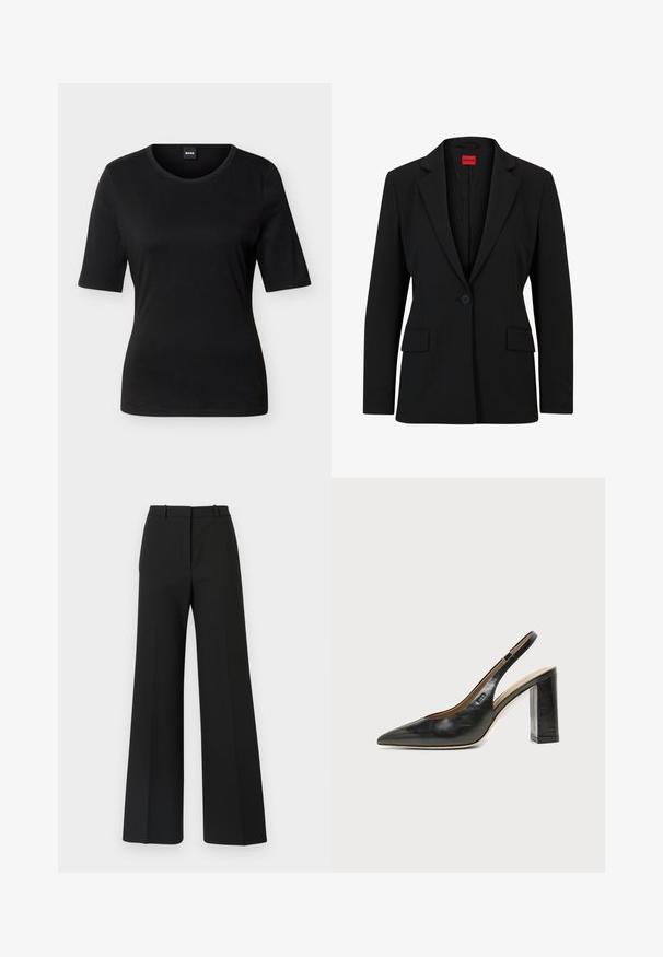 Blazer noir avec un col cranté et une fermeture à un bouton. Dispose de deux poches avant et d'une doublure lisse avec un motif subtile.; T-shirt noir ajusté à manches courtes avec col rond et étiquette de marque à l'intérieur du col arrière.; Pantalons black à jambes larges avec un design sur mesure, présentant une texture lisse et de subtils plis à l'avant. Pas de garnitures ou de motifs visibles.; Chaussure slingback en cuir noir à bout pointu avec un talon bloc haut et une doublure intérieure beige sur un fond clair uni.