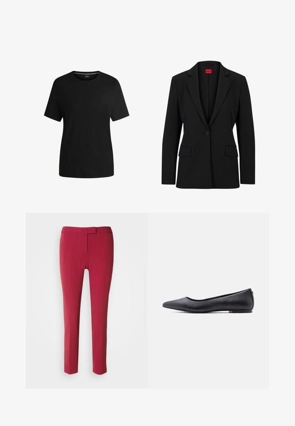 Sort blazer med slag og enkelt knaplukning. Har to forlommer og en glat foring med et subtilt mønster.; Sort kortærmet t-shirt lavet af blødt bomuld, med rund hals og en glat tekstur. Enkel design uden mønstre eller detaljer.; Røde skræddersyede bukser med en glat tekstur, smal pasform og flad front. Designet med en smal talje og uden synlige lommer.; Sort flad lædersko med spidst tåparti og lav hæl, vist i sideprofil mod en hvid baggrund.