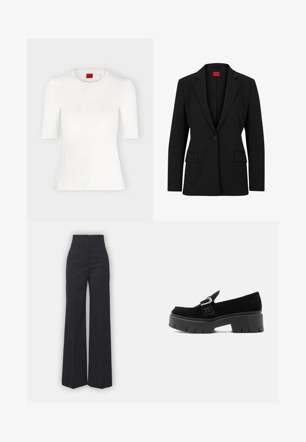 Blazer noir avec un col cranté et une fermeture à un bouton. Dispose de deux poches avant et d'une doublure lisse avec un motif subtile.; T-shirt blanc ajusté à manches courtes avec col rond et étiquette de marque rouge à l'intérieur du col.; Pantalons à jambes larges en tissu noir avec une taille haute, présentant une finition soignée et une texture lisse. Pas de matériel ou de motifs visibles.; Mocassin en daim noir avec semelle à crampons épaisse, détail boucle argentée et inscription "HUGO" en relief sur la lanière latérale, vu de côté extérieur.