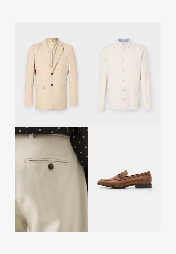 Blazer beige pour homme à simple boutonnage avec deux boutons, revers crantés, deux poches à rabat et une poche poitrine passepoilée.; Chemise beige à manches longues avec boutons, col pointu, sept boutons visibles et un détail intérieur du col bleu clair.; Pantalon beige en tissu texturé avec une poche arrière fermée par un bouton noir. Finitions de couture discrètes le long de la poche.; Mocassins en cuir marron avec un talon plat, ornés d'un accent métallique décoratif à l'avant, au design épuré et à la texture lisse.