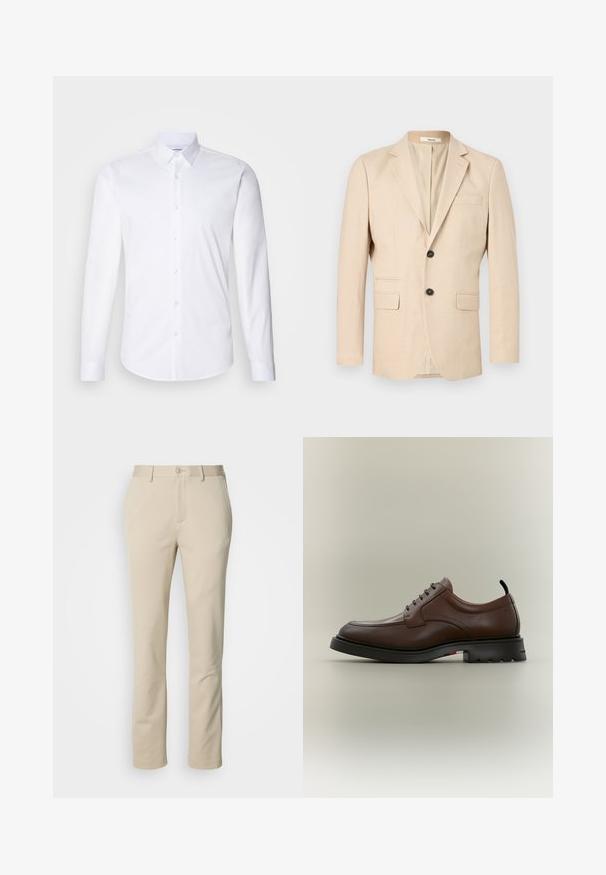 Beige enkeltbrystet herreblazer med to knapper, notch revers, to klaplommer og en brystlomme med kant.; Hvid langærmet skjorte med knaplukning lavet af glat bomuldsstof, med en klassisk krave, knaplukning og buet kant.; Beige bomuldsbukser med lige ben-design, knaplukning og flad front. Materialet har en glat tekstur og minimal detaljering.; Mørkebrune herresko i læder med snørebånd, sort chunky sål og lille sort hæl-loop, vist i profil mod en ensfarvet baggrund.
