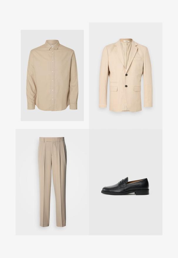 Beiger einreihiger Herrenblazer mit zwei Knöpfen, mit Kerb-Revers, zwei Klappentaschen und einer Brustleistentasche.; Selected Flannel - Hemd - pure cashmeredetail:mixed w. oatmeal; Beige, hoch taillierte, plissierte Hose mit geradem Schnitt, glatter Textur und ohne sichtbare Verzierungen oder Muster.; Schwarze Lederloafer mit abgerundetem Zehenbereich, die über ein vorderes Riemen-Detail und einen niedrigen, stabilen Absatz verfügen. Glatte Textur und elegantes Design.