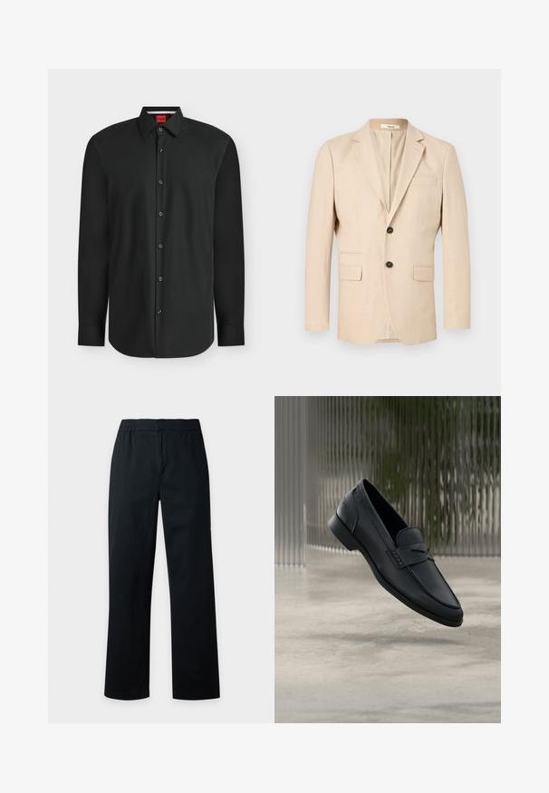 Blazer beige pour homme à simple boutonnage avec deux boutons, revers crantés, deux poches à rabat et une poche poitrine passepoilée.; Chemise noire à manches longues, boutonnée, avec col et étiquette de marque rouge visible à l'intérieur de l'encolure.; Pantalon noir droit avec taille élastique, sans poches visibles ni décorations, présenté sur un fond clair uni.; Mocassin en cuir noir à finition lisse, bout pointu et détails cousus sur le dessus. Talon bas et design minimaliste.