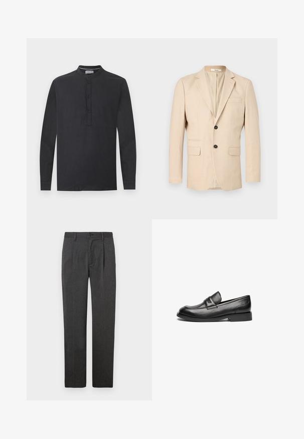 Blazer beige pour homme à simple boutonnage avec deux boutons, revers crantés, deux poches à rabat et une poche poitrine passepoilée.; Chemise noire à manches longues avec col mandarin et patte de boutonnage à quatre boutons, présentée sur un fond blanc uni.; Pantalons gris sur mesure avec une coupe droite, dotés d'un pli avant, d'une fermeture éclair et d'un bouton. Texture lisse, design classique.; Des mocassins en cuir noir présentent un bout arrondi, une couture sur le dessus et une semelle en caoutchouc plate et basse. Texture lisse sans motifs visibles.