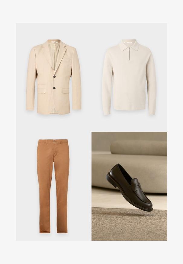 Blazer beige pour homme à simple boutonnage avec deux boutons, revers crantés, deux poches à rabat et une poche poitrine passepoilée.; Pull beige à manches longues avec un col et une courte fermeture éclair à l’avant, présenté sur un fond blanc.; Chinos en coton marron avec une coupe slim, dotés d'une fermeture à bouton, de poches latérales et d'une texture lisse.; Un seul mocassin en cuir brun foncé flottant au-dessus d’un tapis texturé beige, avec un canapé beige flou en arrière-plan.
