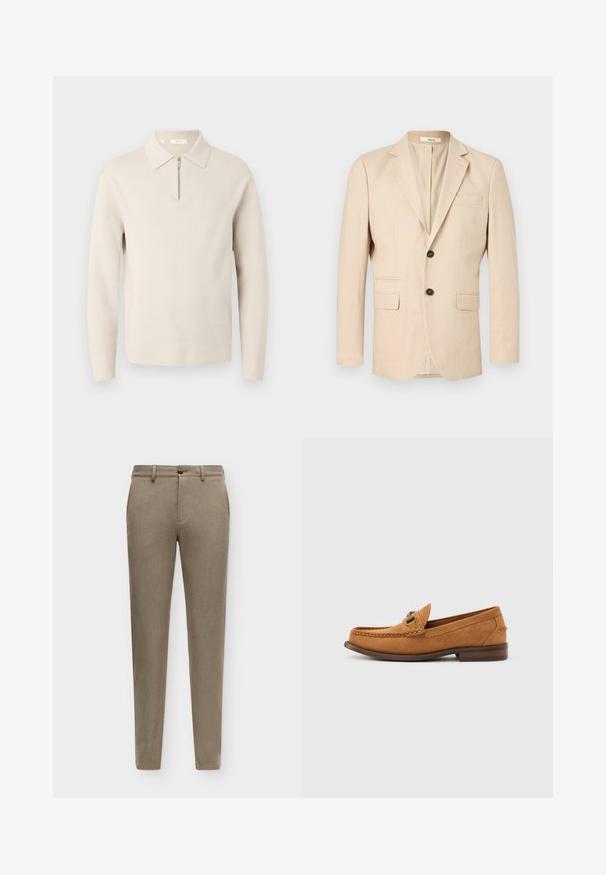 Blazer beige pour homme à simple boutonnage avec deux boutons, revers crantés, deux poches à rabat et une poche poitrine passepoilée.; Pull beige à manches longues avec un col et une courte fermeture éclair à l’avant, présenté sur un fond blanc.; Pantalon beige coupe slim avec passants de ceinture, bouton à l'avant et poches latérales, présenté sur un fond uni.; Mocassin pour homme en daim marron clair avec détail en métal et couture mocassin, présenté en profil sur un fond blanc uni.