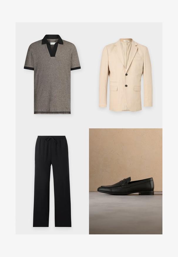 Blazer beige de hombre de un solo botón, con dos botones, solapas con muesca, dos bolsillos de solapa y un bolsillo de ojal en el pecho.; Polo en tejido gris texturizado con cuello y puños de manga en negro. Presenta un diseño de cuello en V, mangas cortas y un dobladillo recto.; Pantalones negros de corte holgado con cintura elástica y cordón frontal, piernas rectas, diseño sencillo, mostrados sobre un fondo neutro.; Zapato mocasín de cuero negro flotando sobre una alfombra beige con un sofá beige en un ambiente interior minimalista.