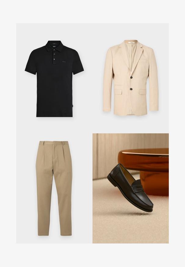 Beige enkeltbrystet herreblazer med to knapper, notch revers, to klaplommer og en brystlomme med kant.; Sort slim-fit polo skjorte med tre knapper, korte ærmer og diskret "BOSS" logo på brystet og indersiden af kraven.; Khaki bukser med et skræddersyet design, der har en flad fortil, to plisseringer og en slank ben silhuet. Fremstillet af glat stof med en ren finish.; Sort læder loafer-sko hængende over beige tæppe med ravfarvet moderne møblement i baggrunden.