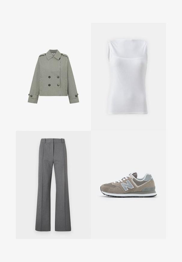 Zwart-wit verticale gestreepte cropped jas met dubbele rij knopen, brede kraag, schouderepauletten en met knopen gesloten manchetten.; Witte mouwloze top van ribbelstof, met een ronde halslijn en een figuurvolgend design. Glad oppervlak zonder zichtbare sluitingen.; Grijze pantalon met krijtstreep, met een platte voorkant, riemlussen en een soepele textuur. Volledige lengte met subtiele patroondetails.; Bruine suède sneakers met grijze mesh accenten, witte veters en een grijs 'N' logo. Rubber zolen met een lichte profiel voor grip.