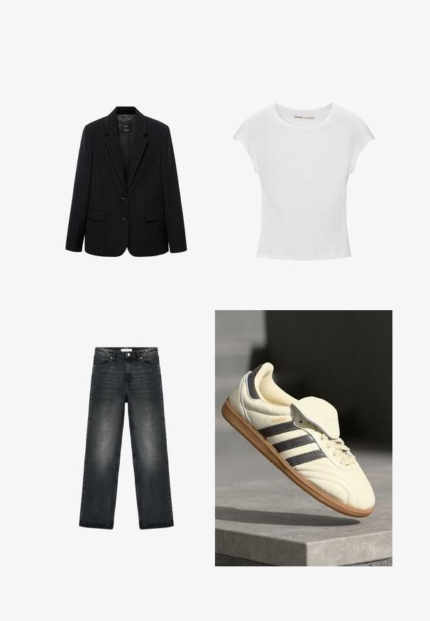 Čierny oblekový blazer s prúžkami, obsahujúci klopový golier, predné gombíky a dve predné vrecká. Vyrobený z hladkej látky s priliehavým strihom.; Biele bavlnené tričko s krátkymi, stočenými rukávmi, okrúhlym výstrihom a rovnou lemovkou. Hladká textúra bez viditeľných vzorov alebo akcentov.; Čierne denimové džínsy s voľným strihom, rovnými nohavicami a jemným vyblednutím. Obsahujú zapínanie na gombík a dizajn s piatimi vreckami pre funkčnosť.; Krémové kožené tenisky s tromi tmavými pruhmi, hnedou gumenou podrážkou a zaoblenou špičkou. Obsahujú prehýbací jazyk s označením "SAMBA."