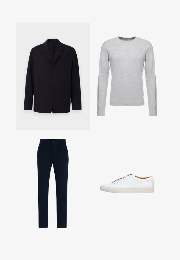 Marineblazer aus strukturiertem Stoff, einreihig mit drei Knöpfen, Reverskragen, zwei Vordertaschen und lockerer Passform.; Hellgrauer Pullover, lange Ärmel, Rundhalsausschnitt, weiche Textur, minimalistisches Design, kleines Logoetikett am unteren linken Saum.; Marineblaue Chinos aus einem weichen, strapazierfähigen Stoff. Mit Knopfverschluss, Gürtelschlaufen und geradem Bein-Design. Keine sichtbaren Muster.; Weißer Ledersneaker mit einer strukturierten Gummisohle, rundem Zehenbereich und kontrastierendem, braunem Innenfutter. Verfügt über fünf Ösen und weiße Schnürsenkel.