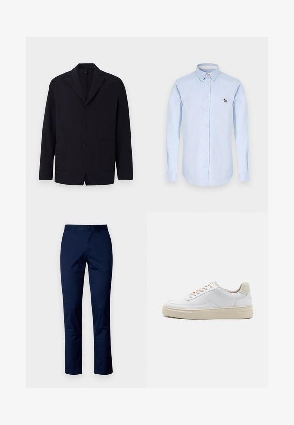 Námořnický blazer z texturované tkaniny, jednobodový s třemi knoflíky, klopovými límci, dvěma předními kapsami a uvolněným střihem.; Svetlomodrá košeľa na gombíky s dlhými rukávmi, golierom, prednými gombíkmi a malým vyšitým detailom zebry na hrudi.; Námornícke modré bavlnené nohavice s rovnými nohavicami, so zapínaním na prednom gombíku, pútkami na opasok a čistými švami. Hladká textúra bez vzorov.; Biele tenisky s hladkým koženým zvrškom, béžovými šnúrkami a textúrovaným béžovým semišovým pätovým panelom. Zvýšená podrážka pre väčšiu výšku.