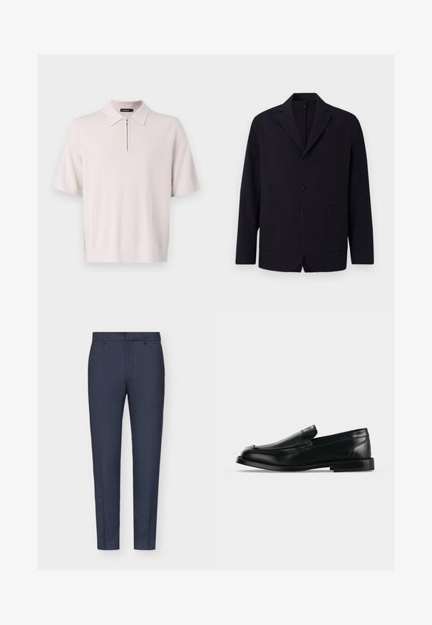 Blazer navy en tissu texturé, à un bouton avec trois boutons, revers à cran, deux poches frontales et coupe décontractée.; Polo court beige clair à manches courtes avec un col zippé et un ourlet côtelé, fabriqué en tissu tricoté doux. Présente un design de col classique.; Pantalons ajustés bleu marine avec une texture lisse, coupe slim, pince centrale et passants de ceinture. Le tissu présente un motif tissé subtil.; Mocassin en cuir noir avec un petit talon, un bout arrondi et des détails cousus le long du bord supérieur.