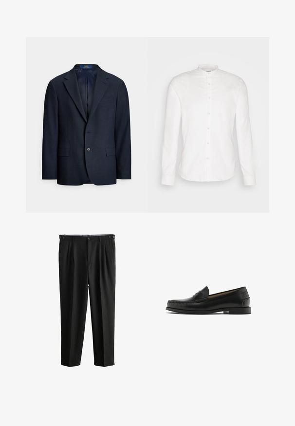Veston bleu marine à simple boutonnage avec revers en encoche, deux poches avant à rabat, une poche poitrine et une fermeture à un bouton.; Chemise blanche à manches longues avec col mandarin et patte de boutonnage à l'avant. Fabriquée en coton, elle présente une texture lisse et des fermetures à bouton.; Pantalon noir plissé avec une texture lisse, doté d'une ceinture à deux boutons et d'une coupe droite ample.; Mocassins en cuir noir avec un bout arrondi, des détails de surpiqûres, une texture lisse et un petit talon carré. Aucune décoration ou motif visible.