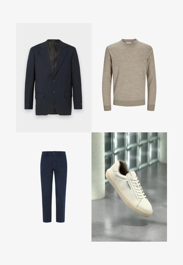 Marineblå blazer, to-buttons lukning, notch lapels, to forlommer, struktureret stof og en glat sort inderside.; Beige langærmet rundhalset sweater med ribstrikkede ærmekanter og kant, vist på hvid baggrund.; Marineblå bomulds-chinos med knaplukning, lige ben og en glat tekstur. Har sidelommer og en enkelt baglomme.; Hvid lærreds-sneaker med beige sål og snørebånd, "AllSaints London" logo på siden, svævende over en grå poleret gulv nær glasblokke.