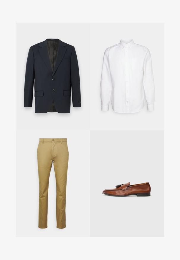 Blazer bleu marine, fermeture à deux boutons, revers crantés, deux poches avant, tissu texturé et doublure intérieure noire lisse.; GAP STANDARD OXFORD - Chemise - white; Chino kaki en coton lisse, avec un design classique à jambe droite, une poche avant et une fermeture à un bouton à la taille.; Mocassin en cuir marron avec détail de pampilles et talon bas noir, présenté de profil sur un fond blanc uni.