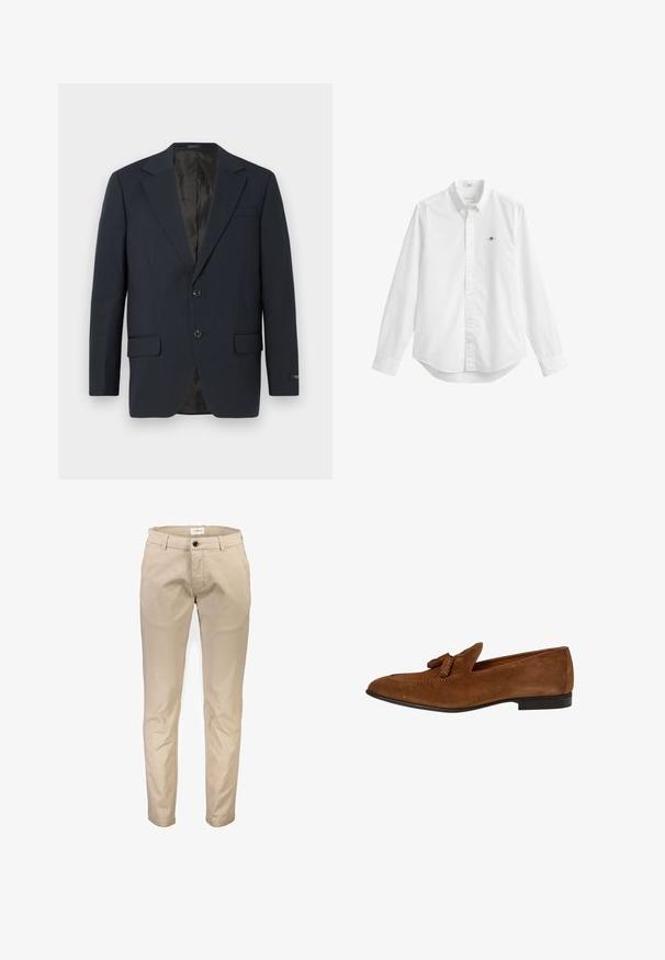 Marineblauwe blazer, twee knopen, notch-revers, twee voorzakken, gestructureerde stof en een gladde zwarte binnenvoering.; Wit overhemd met lange mouwen, knopen aan de voorkant, een kraag en een klein geborduurd logo op de linkerborst.; Beige katoenen broek met een rechte pijp, voorzien van voorzakken, een ritssluiting en een enkele knoopsluiting. Gladde textuur, zonder patronen.; Bruine suède herenloafer met kwastjes, lage zwarte hak, ronde neus en gestikte details langs het bovenwerk.
