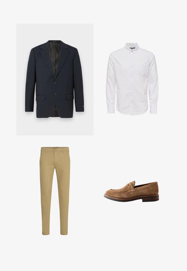 Tummansininen bleiseri, kaksinappinen sulku, lovet kaulukset, kaksi etutaskua, teksturoitu kangas ja sileä musta vuori.; Valkoinen pitkähihaisen nappipaidan made of cotton, jossa on kaulus, napit edessä ja yksi rintatasku. Sileä rakenne.; Beigen väriset slim fit -malliset chinot, joissa nappi- ja vetoketjukiinnitys, etukaltevat taskut ja vyölenkit, valkoisella taustalla.; Miesten ruskeat nupukkinahkaiset penny loafer -kengät, joissa ommellut yksityiskohdat ja kerrostettu nahkainen korko, esitetty sivulta valkoisella taustalla.