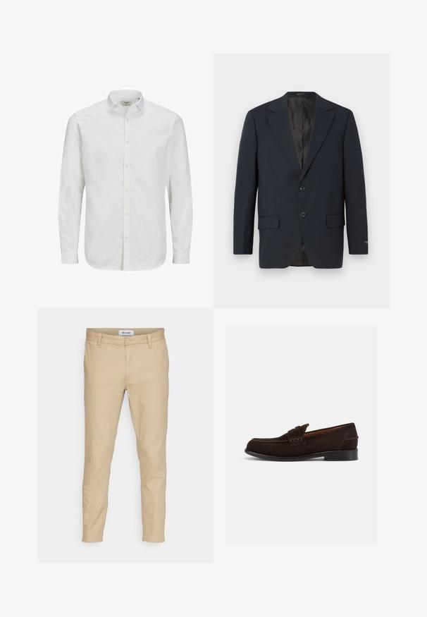 Blazer bleu marine, fermeture à deux boutons, revers crantés, deux poches avant, tissu texturé et doublure intérieure noire lisse.; Chemise blanche à manches longues en coton, dotée d'un col classique, d'une coupe droite et d'une texture subtile. Fermeture par boutons standard.; Pantalons beiges en tissu à mélange de coton. Équipés d'une fermeture à bouton, de poches avant et d'une coupe slim avec une texture lisse.; Mocassin pour homme en daim marron foncé avec couture décorative et talon bas, présenté de profil droit sur un fond clair uni.