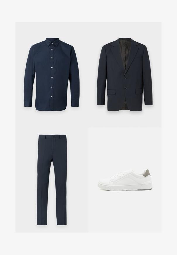 Marineblå blazer, to-buttons lukning, notch lapels, to forlommer, struktureret stof og en glat sort inderside.; Mørkeblå langærmet skjorte lavet af glat bomuld med spredt krave, frontknaplukning og knap-lukkede manchetter. Ingen synlige mønstre.; Marineblå bukser lavet af glat stof med en slank pasform, bæltestropper, en knaplukning foran og to sidelommer.; Hvid sneaker lavet af glat læder, rund tå, minimalistisk design, grå hælafsats og tekstureret gummisål.
