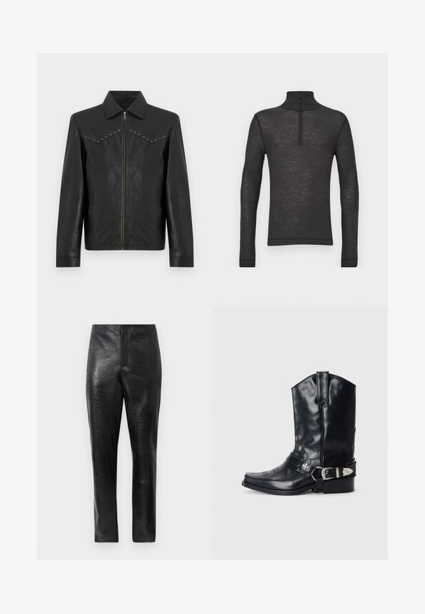 Veste en cuir noire avec fermeture éclair avant, col pointu, manches longues, poches latérales et clous argentés le long des coutures de la poitrine.; Chandail noir à manches longues et col roulé en tissu texturé, avec une demi-fermeture éclair au niveau du col et des manches ajustées.; Pantalons en cuir synthétique noir avec une texture crocodile subtile, coupe droite et taille haute, présentés sur un fond blanc uni.; Botte de cowboy en cuir noir avec un bout pointu, une tige haute, des coutures décoratives et une quincaillerie en argent sur la sangle. Fini texturé.