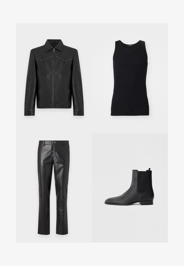 Veste en cuir noire avec fermeture éclair avant, col pointu, manches longues, poches latérales et clous argentés le long des coutures de la poitrine.; Débardeur noir en matériau lisse et extensible. Doté d'un col rond et sans manches, avec une coupe ajustée et un design simple.; Pantalon en cuir noir avec une texture lisse, design à jambes droites et couture subtile le long des coutures. Présente une fermeture à bouton à la taille.; Botte Chelsea en cuir noir avec panneaux latéraux élastiques et petit talon empilé, vue de profil sur un fond clair uni.