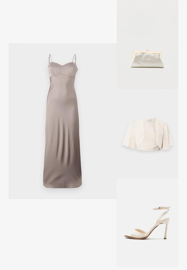 Chaqueta corta abierta de color crema con mangas cortas anchas y fluidas, diseñada para mujeres.; Vestido de satén en taupe claro, con un corsé ajustado y finas tirantes ajustables. Largo hasta el suelo y con una textura lisa y brillante.; Sandalia beige de tacón alto con tira delgada en el tobillo y hebilla dorada, punta abierta y tacón de aguja delgado sobre un fondo blanco.; Pequeño bolso de mano plateado brillante con marco dorado y dos cierres redondos en la parte superior, sobre un fondo claro y sencillo.
