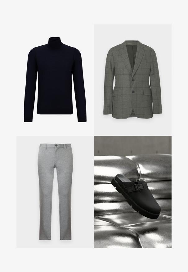Grå struktureret blazer lavet af tekstureret stof med et ternet mønster. Har to knapper, reverse krave og lommer med klap.; Mørkeblå turtleneck sweater lavet af fint strikstof, med lange ærmer og en tætsiddende, høj halsudskæring. Ingen synlige mønstre eller detaljer.; Lys grå bukser med lige ben, bæltestropper, knaplukning og skjult frontlynlås.; Sort slip-on sko med en tekstureret læder-overdel, med en strop og spænde-detalje samt en tyk, robust sål. Skinnende metallisk baggrund.