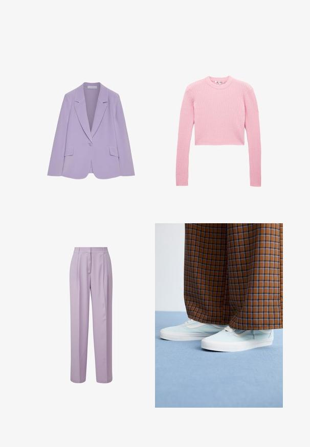 Lila damesblazer met sluiting met één knoop, met inkeping op de revers en klepzakken, getoond tegen een witte achtergrond.; Lichtroze, kort gevoerd ribtrui met lange mouwen en een ronde halslijn. Gemaakt van een zacht materiaal met een gestructureerde afwerking. Geen zichtbare hardware.; Lila broeken van gladde stof, met een hoge taille, plooien en een wijduitlopend ontwerp, met een strakke, professionele uitstraling.; Lichtblauwe sneakers gedragen met bruine en blauwe geblokte wijde broekspijpen op een lichtblauw tapijt.
