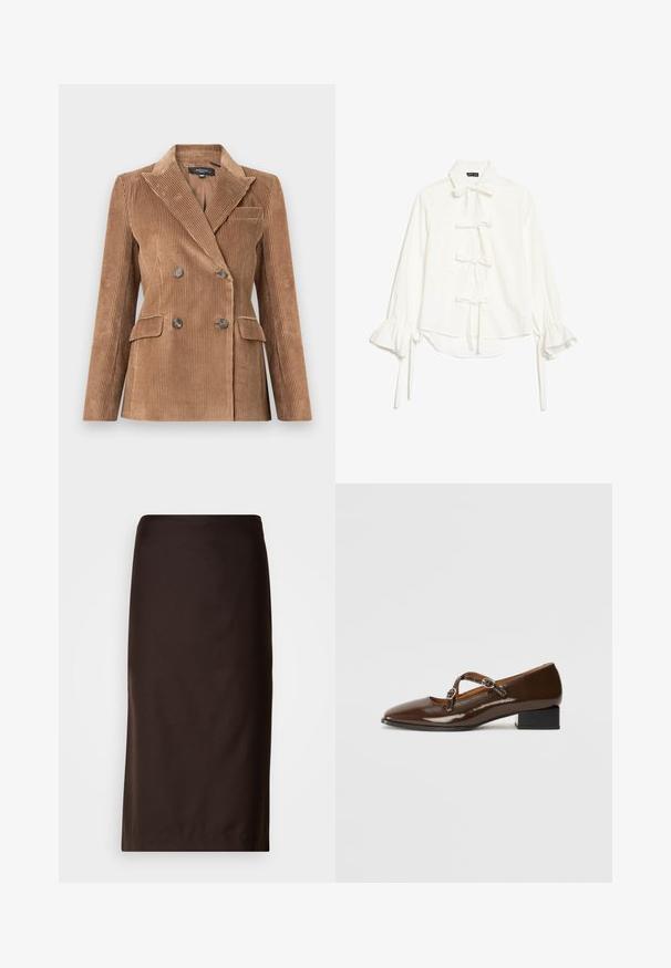 Brun kordfløjl blazer med dobbeltbrystet design, notch-lapel, to forlommer og tekstureret stof. Glatte knapdetaljer.; Hvid bluse med lange, flæsekantede ærmer og fem knuder foran, med klassisk krave og let høj-lav kant.; Brun blyantskørt, knælængde, lavet af glat stof. Har et enkelt design uden synlige mønstre eller pynt.; Brune patentlæder Mary Jane sko med firkantet tå, to justerbare stropper prydet med runde metalspænder og en lav blokhæl.
