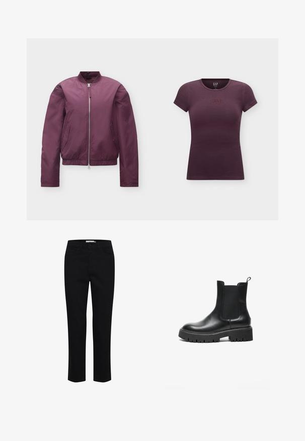 Paarse bomberjas met ritssluiting, met geribde kraag, manchetten en tailleband, met zijzakken, weergegeven op een witte achtergrond.; Donkerpaarse getailleerde T-shirt met korte mouwen, ronde hals en klein geborduurd GAP-logo in het midden van de borst.; Zwarte katoenen broek, ontworpen met een rechte snit. Beschikt over vijf zakken en een sluiting met een knoop aan de voorkant. Soepele textuur, minimale stikdetails.; Zwarte leren Chelsea-boot met elastische zijpanelen, ronde neus, stevige rubberen zool en lus aan de hiel.