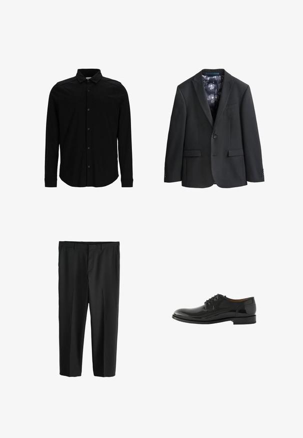 Must mustre ka blazer, mille nurgaga, ühe nööbiga kinnitamine, kaks esist taskut ja kontrastse lillemustriga vooder. Sile kangastekstuuri.; Mustast pikast varrukast särgist, mis on valmistatud siledast kangast, nupuga ees, krae ja õrnalt tikitud logoga rinnal.; Mustad püksid sileda tekstuuriga, sirge jala disainiga ja esipocketitega. Omab lamedat esiosa ja peent kortsu jalgade peal.; Mustad mustadest nahast king, millel on poleeritud viimistlus, ümar varvas ja viie silmaauguga paelad. Tasane konts ja minimalistik disain.