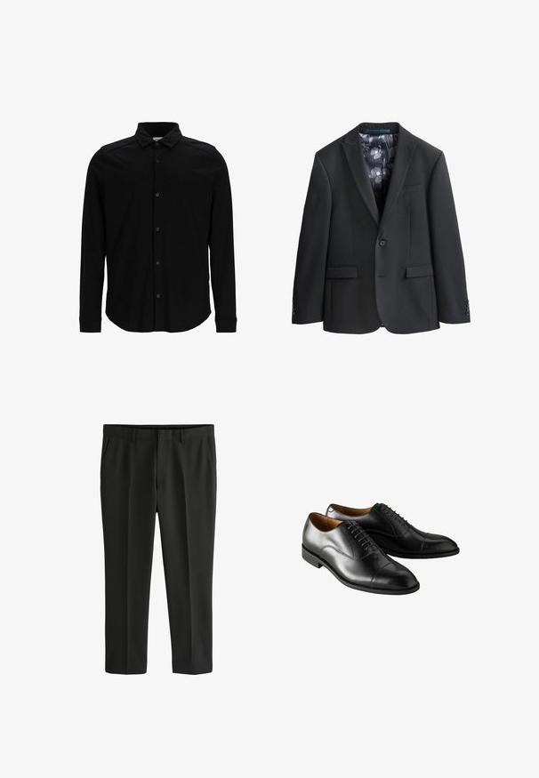 Zwarte blazer met een gekleed revers, sluiting met één knoop, twee voorzakken en een contrasterende voering met bloemenpatroon. Glad stoftextuur.; Zwarte langmouwen shirt van gladde stof, met een knoopsluiting aan de voorkant, een kraag en een subtiel geborduurd logo op de borst.; Next REGULAR FIT PLAIN FRONT - Pantalon - black; Zwarte leren dresschoenen met een gladde afwerking, ronde neus en decoratieve veters. Voorzien van een lage hak en contrasterende stiksels langs de zool.