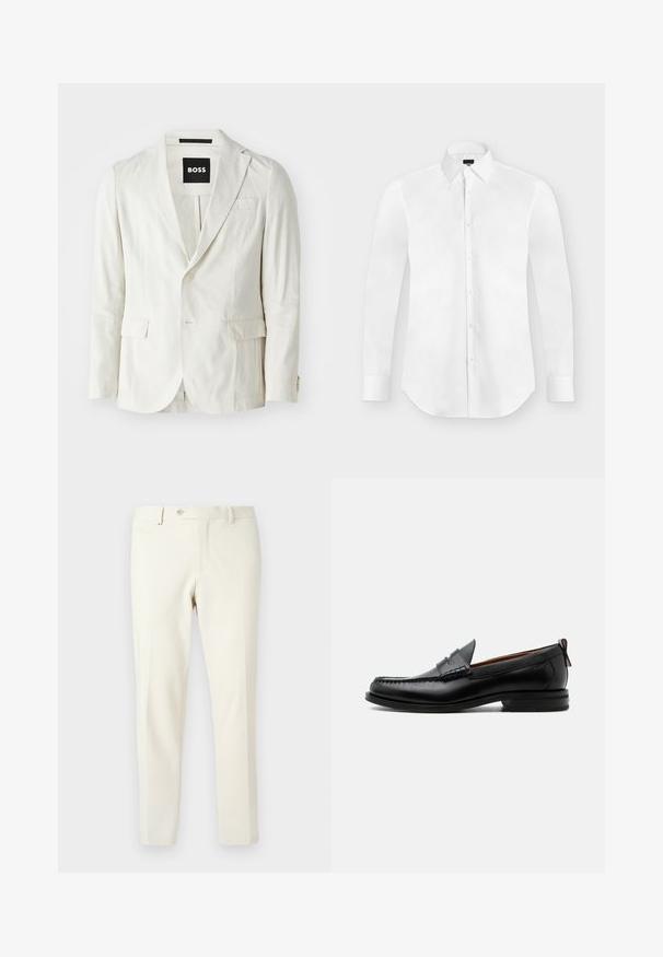 Licht beige blazer van een katoenmix met een notch revers, enkele knoopsluiting, twee voorzakken en een subtiele textuur.; Witte lange mouwen overhemd met knopen en spitse kraag, plat liggend op een lichtgrijze achtergrond.; Lichtbeige broek gemaakt van gladde stof. Heeft een ritssluiting aan de voorkant, knoopsluiting en schuine zijzakken met een slim fit ontwerp.; Zwarte leren herensloffen met moc toe stiksel, pennyriem, gestructureerde kraag en lage gestapelde hak op witte achtergrond.