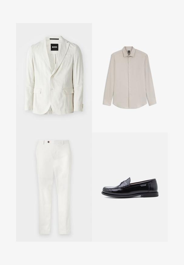 Lys beige blazer lavet af en bomuldsblanding med skuldderlapel, enkelt knaplukning, to forlommer og en subtil struktur.; Beige langærmet skjorte med knapper, krave, synlige knapper foran og manchetter på ærmerne, vist fladt på hvid baggrund.; Hvide bukser lavet af letvægtsstof, med lige ben, en enkelt brun knap i taljen og minimalistisk stil.; Sorte læderloafer med en blank finish, der har et syet mønster på tåen og en lav, tekstureret sort gummisål.