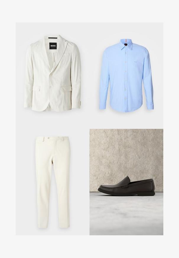 Blazer beige clair en mélange de coton avec un col cranté, fermeture à un bouton, deux poches avant et une texture subtile.; Chemise à manches longues bleu clair en coton, dotée d'un col button-down, d'une fermeture à boutons à l'avant et d'une broderie logo discrète sur la poitrine.; Pantalon beige clair en tissu lisse. Il présente une fermeture éclair à l'avant, un bouton de fermeture et des poches latérales inclinées avec une coupe slim.; Mocassin en cuir marron foncé sans lacets avec semelle blanche en caoutchouc et détails cousus, présenté de profil sur un fond neutre.