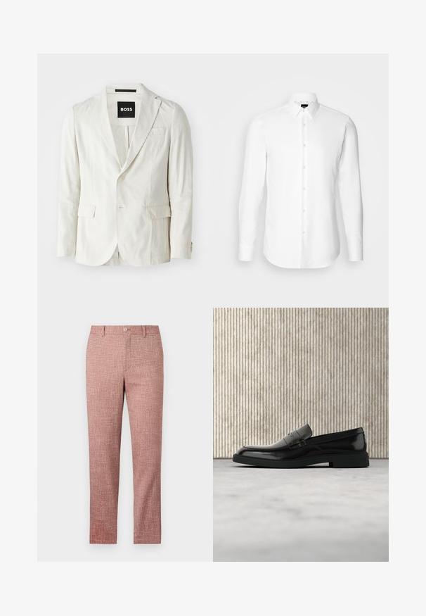 Lys beige blazer lavet af en bomuldsblanding med skuldderlapel, enkelt knaplukning, to forlommer og en subtil struktur.; Hvid skjorte med lange ærmer, knaplukning foran, klassisk krave, lavet af glat stof med en subtil tekstur, designet til et tætsiddende udseende.; Røde strukturerede bukser med lige ben-design, forlommer og knaplukning. Stoffet har et vævet mønster for ekstra detalje.; Sort poleret læderloafer flydende over beige tæppe med orange gennemsigtigt møbel i baggrunden.