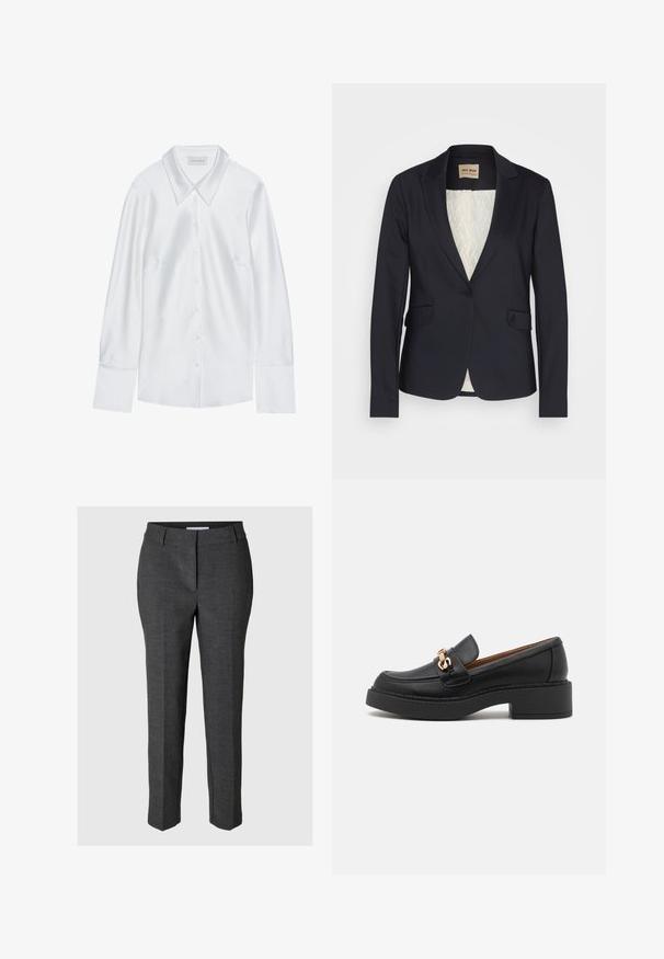 Blazer navy en tissu lisse avec un col cranté, deux poches avant et une doublure claire à motifs. Fermeture à un bouton.; Chemise blanche à manches longues avec un col classique, dotée d'une fermeture à boutons sur le devant et d'une texture lisse, fabriquée en tissu léger avec un éclat subtil.; Pantalons gris, ajustés, avec une texture lisse, coupe droite, poches avant et fermeture cachée. Idéaux pour des occasions formelles.; Mocassin en cuir noir avec une semelle plateforme épaisse, orné d'une chaîne métal doré et présentant des détails de couture visibles. Texture lisse et design élégant.