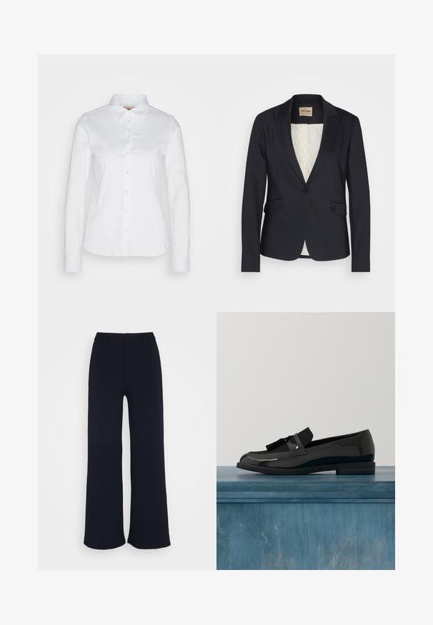 Marineblazer van gladde stof met een geknipt revers, twee voorzakken en een gevoerd patroon in een lichte kleur. Sluiting met één knoop.; Witte langwerpige blouse met knopen en een brede kraag, gemaakt van een gladde katoenstof met een afgeronde zoom. De stof heeft een lichte glans.; Marineblauwe wijde broek gemaakt van zachte stof, met een platte tailleband en zonder zichtbare zakken, met een gladde, ongezande afwerking.; Zwarte lakleren loafers met een platte hak, voorzien van een kwastaccent en een glad oppervlak, ontworpen met een ronde neus en subtiele stiksels.