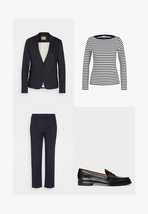 Merinotakki, joka on valmistettu sileästä kankaasta, jossa on viisto kaulus, kaksi etutaskua ja kuvioitu vaaleanvärinen vuori. Yksi nappisulku.; TOM TAILOR DENIM Pitkähihainen paita - navy/white; Tummansininen puuvillahousut, joissa on suora leikkaus, etutaskut, vyölenkit ja sileä pinta ilman näkyviä kuvioita tai koristeita.; Lauren Ralph Lauren WYNNIE - Loaferit/pistokkaat - black