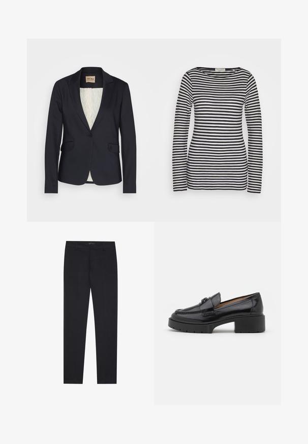 Blazer navy en tissu lisse avec un col cranté, deux poches avant et une doublure claire à motifs. Fermeture à un bouton.; Haut à manches longues en coton, avec des rayures horizontales bleu marine et blanches, col rond, coupe ajustée, texture lisse et design minimaliste.; Pantalons formels noirs slim fit avec passants de ceinture et poches avant, conçus pour un look professionnel et ajusté.; Mocassin en cuir noir avec un petit talon bloc, une pointe arrondie, une sangle décorative et des détails de couture texturés sur le dessus. Fini lisse.