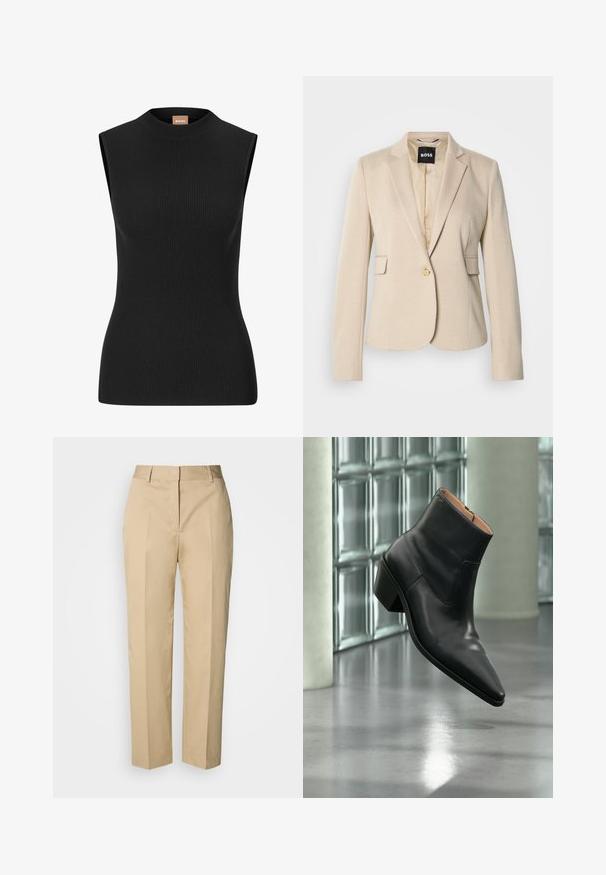 Béžový blazer s textúrovaným vzorom, na jedno gombík s klopovými chlopňami. Obsahuje dva predné vrecká a hladké vnútorné podšívku.; Svetlový čierny rebrovaný top bez rukávov s vysokým výstrihom a priliehavým strihom, vyrobený z elastického materiálu. Obsahuje minimálne značkovanie na krku.; Béžové nohavice s rovnými nohavicami, pútkami na opasok, predným záhybom a skrytým zapínaním, zobrazené na svetlom pozadí.; Čierna kožená členková obuv s ostrou špičkou a blokovým podpätkom vznášajúca sa nad odrazovou sivou podlahou pri stene zo sklenených blokov.