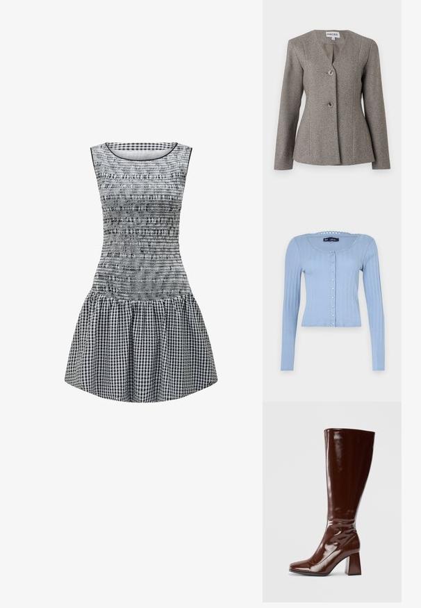 Blazer gris en espiga con cuello en V, mangas largas y dos botones. Ajuste entallado con un forro interior suave y un diseño estructurado.; Cárdigan de canalé azul claro con mangas largas, escote redondo con borde festoneado y cierre de botones con pequeños botones decorativos.; Vestido a cuadros en blanco y negro con un cuerpo ajustado, textura fruncida y una falda acampanada. Cuello redondo sencillo y diseño sin mangas.; Botas de charol marrones hasta la rodilla con punta cuadrada, acabado brillante y un tacón ancho para mayor estabilidad. Diseño sin costuras sin herrajes visibles.