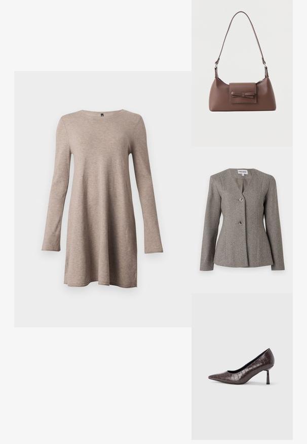 Grijze visgraatblazer met een V-hals, lange mouwen en twee knopen. Getailleerde pasvorm met een gladde binnenvoering en gestructureerd ontwerp.; Lange mouwen, A-lijn jurk in beige, gemaakt van zachte stof met een ronde halslijn. Heeft een comfortabele pasvorm en taps toelopende mouwen.; Bruine nepleren pumps met een puntige neus en krokodillenstructuur, voorzien van een slanke, hoekige hak en een gladde binnenvoering.; Bruine leren schoudertas met een voorvak met klep en een gestikte strikdetail en een verstelbare band.