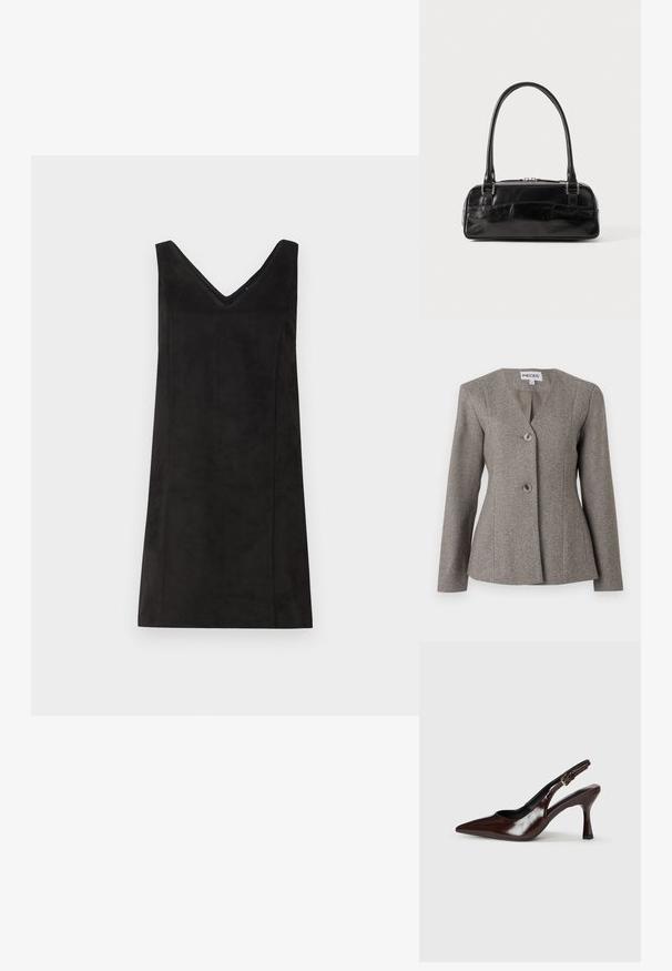 Grå hængebukse-blazer med V-hals, lange ærmer og to knapper. Skræddersyet pasform med glat for og struktureret design.; Sort ærmeløs kjole med V-udskæring, fremstillet af et blødt materiale, med en lige pasform og minimal detaljering. Glat tekstur.; Brune patenterede læderslingback-sandaletter med spids tå, en tynd hæl og justerbar rem med en lille spænde.; Sort læderhåndtaske med rektangulær form, der har et enkelt struktureret håndtag, sølvhardware og lynlås-lukning. Glat tekstur.